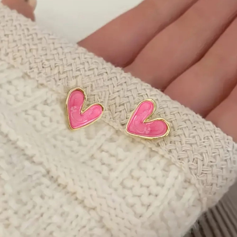 Pink Heart Gold Earrings - Picture 5 of 6